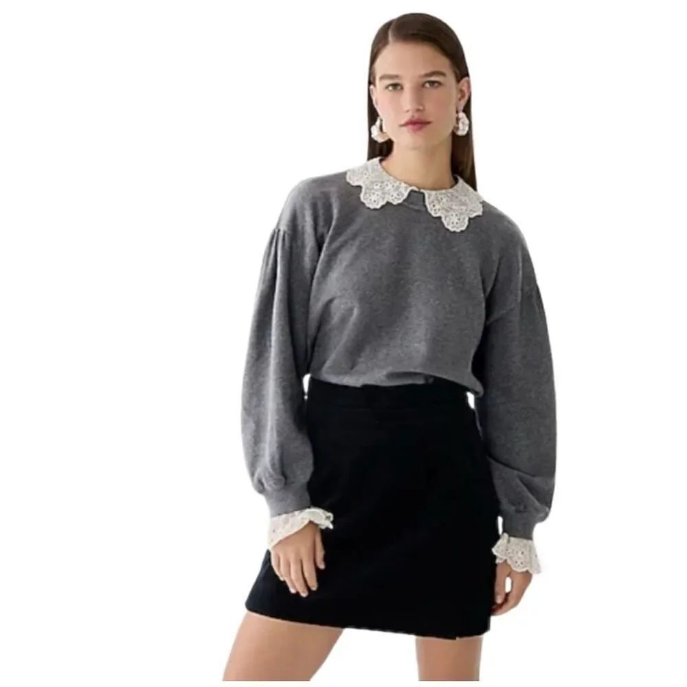 New! J.Crew Gray 100% Cotton Sweatshirt With Lace Collar Sz S